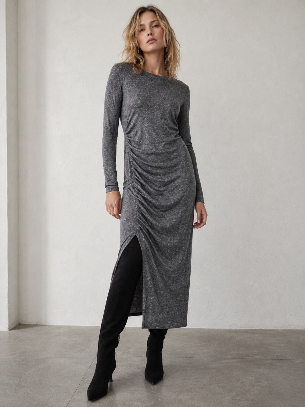 AllSaints Tina Ruched Fitted Midi Dress Gray Melange Medium